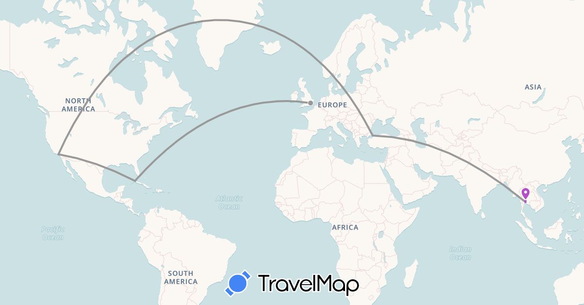 TravelMap itinerary: plane, train in Cuba, United Kingdom, Thailand, Turkey, United States (Asia, Europe, North America)